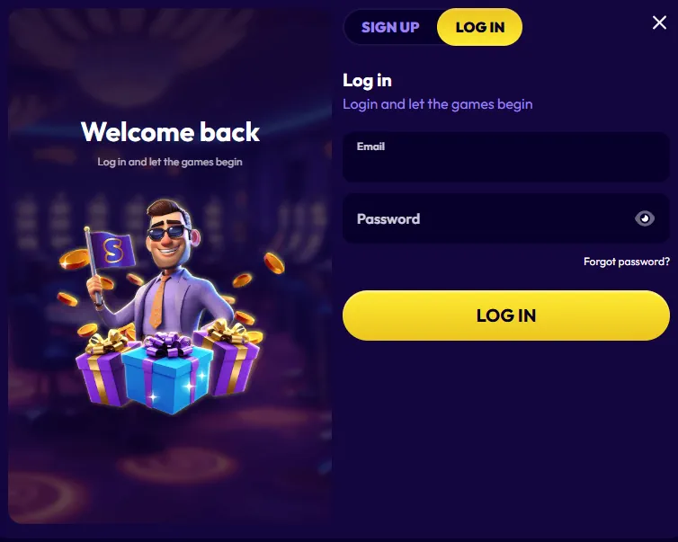 Slottio säker inloggningsfönster med kontotillgångsfält